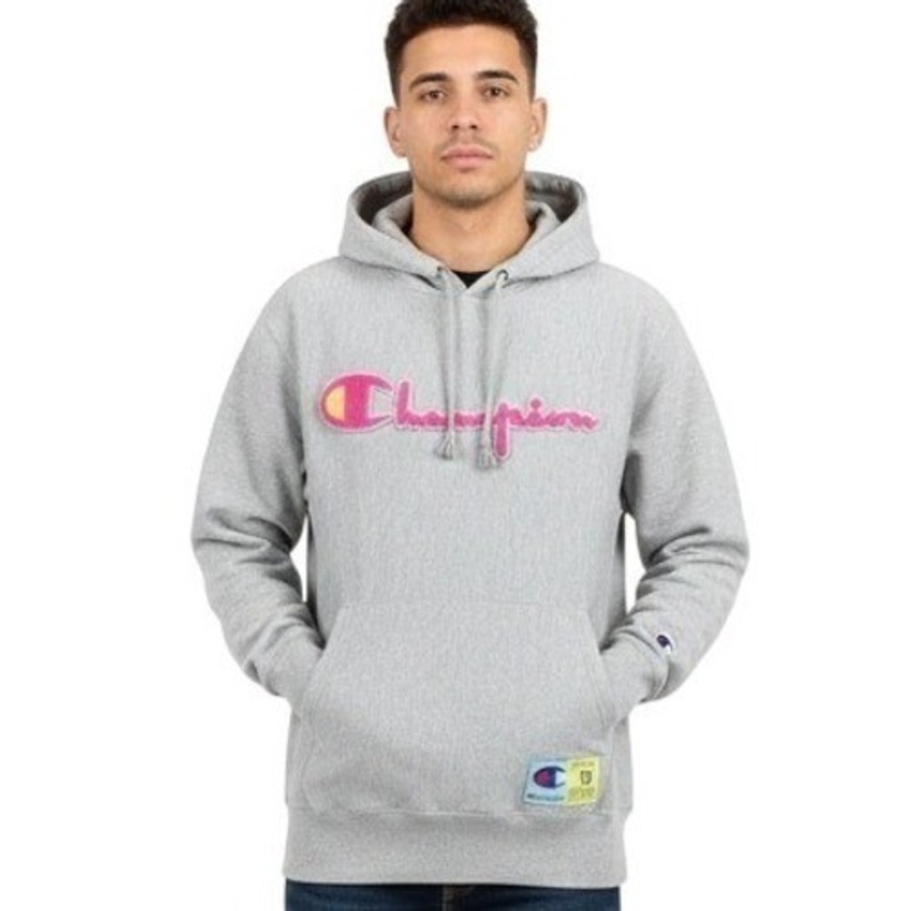 Champion Hoodie Mens L Gray Reverse‎ Weave Chenille Logo Pullover Fleece Casual